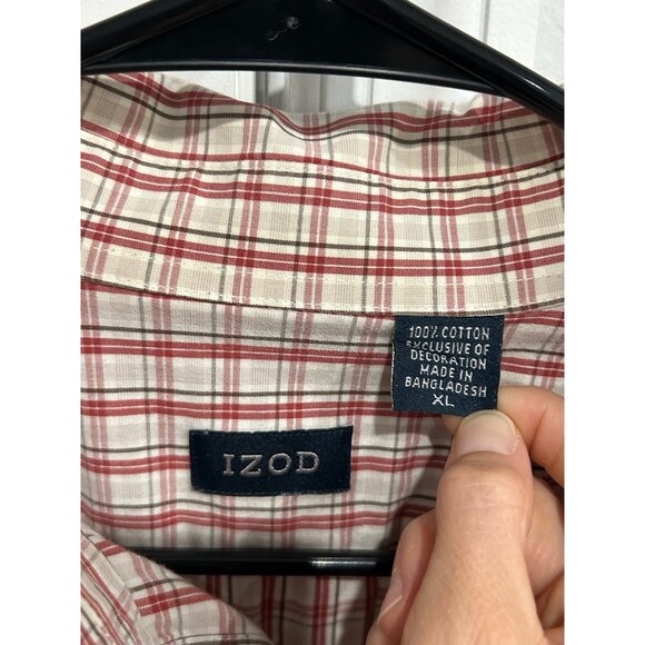 Izod Mens Red & White Plaid Button-Down Shirt XL 100% Cotton Classic Fit - Picture 5 of 9